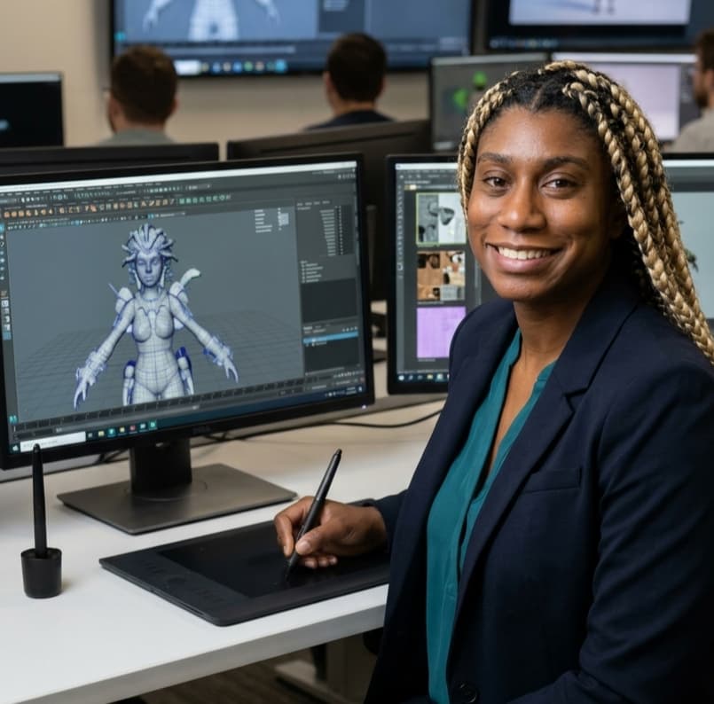 Elizabeth Carlson working on a 3D character in her studio