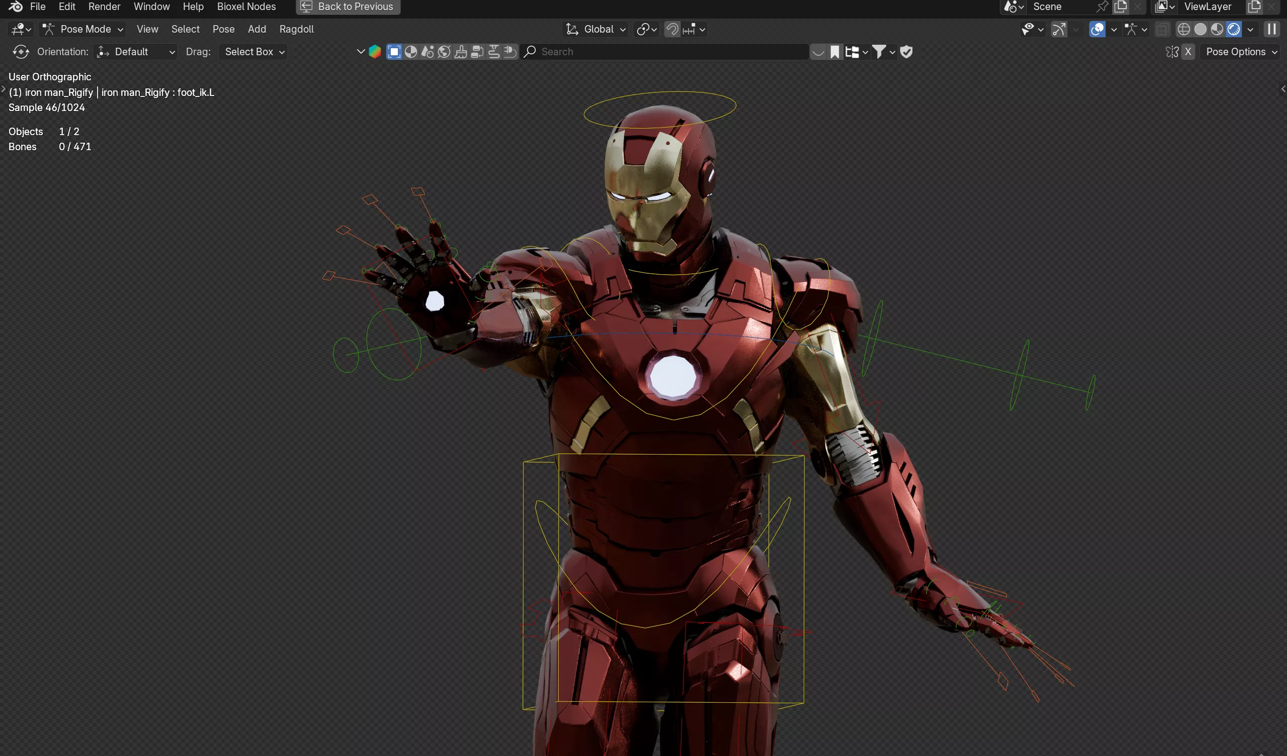 Iron Man character posed in Blender