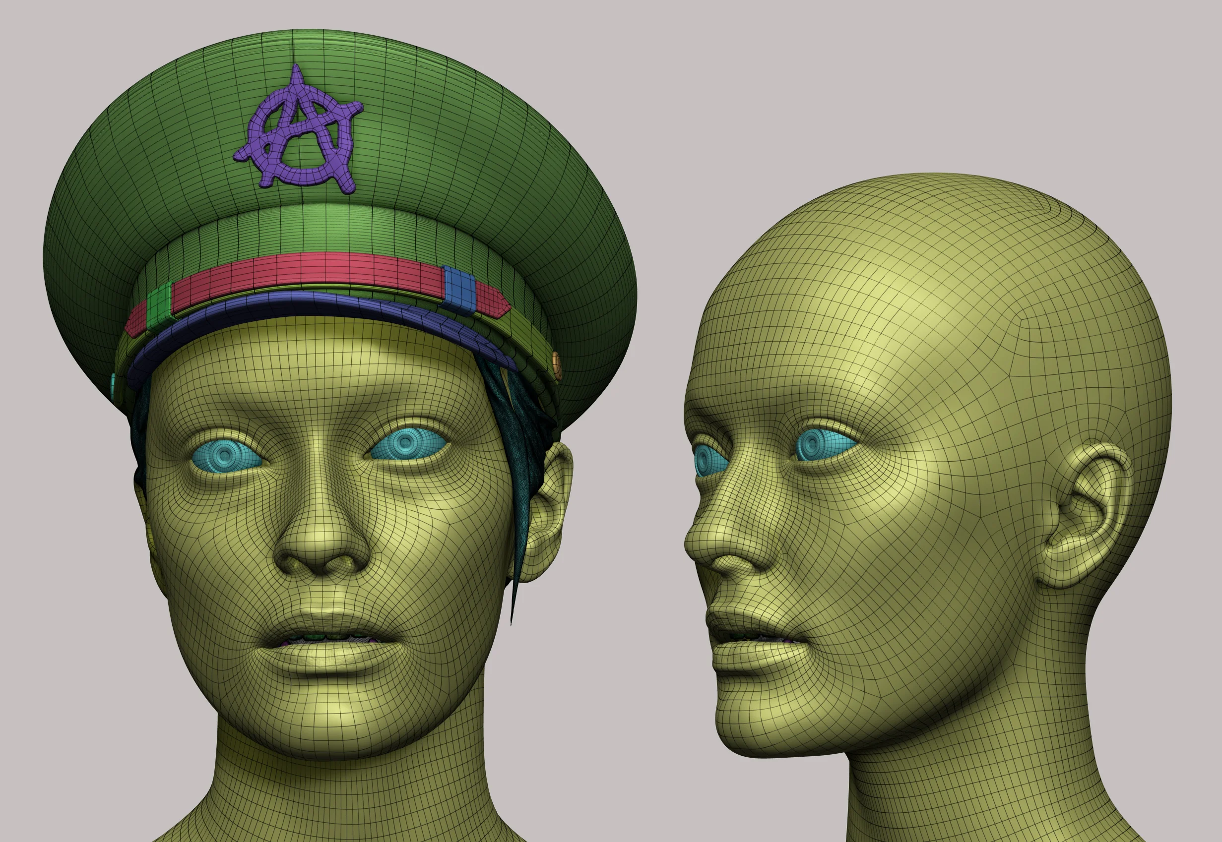 Female character facial wireframe study