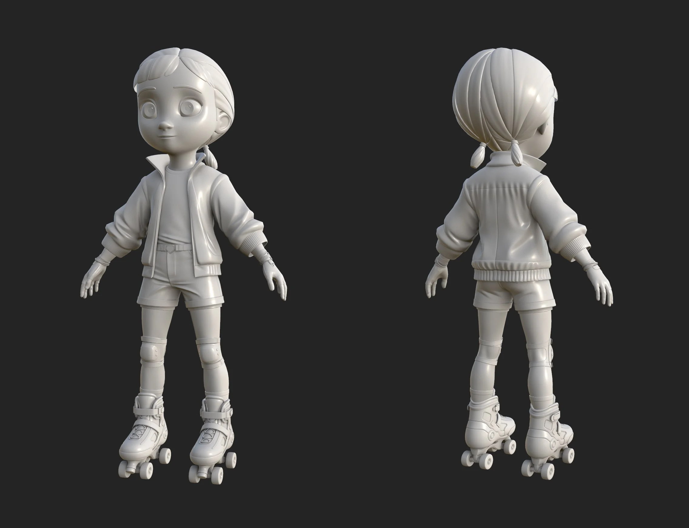 Anna character clay render, front and back views