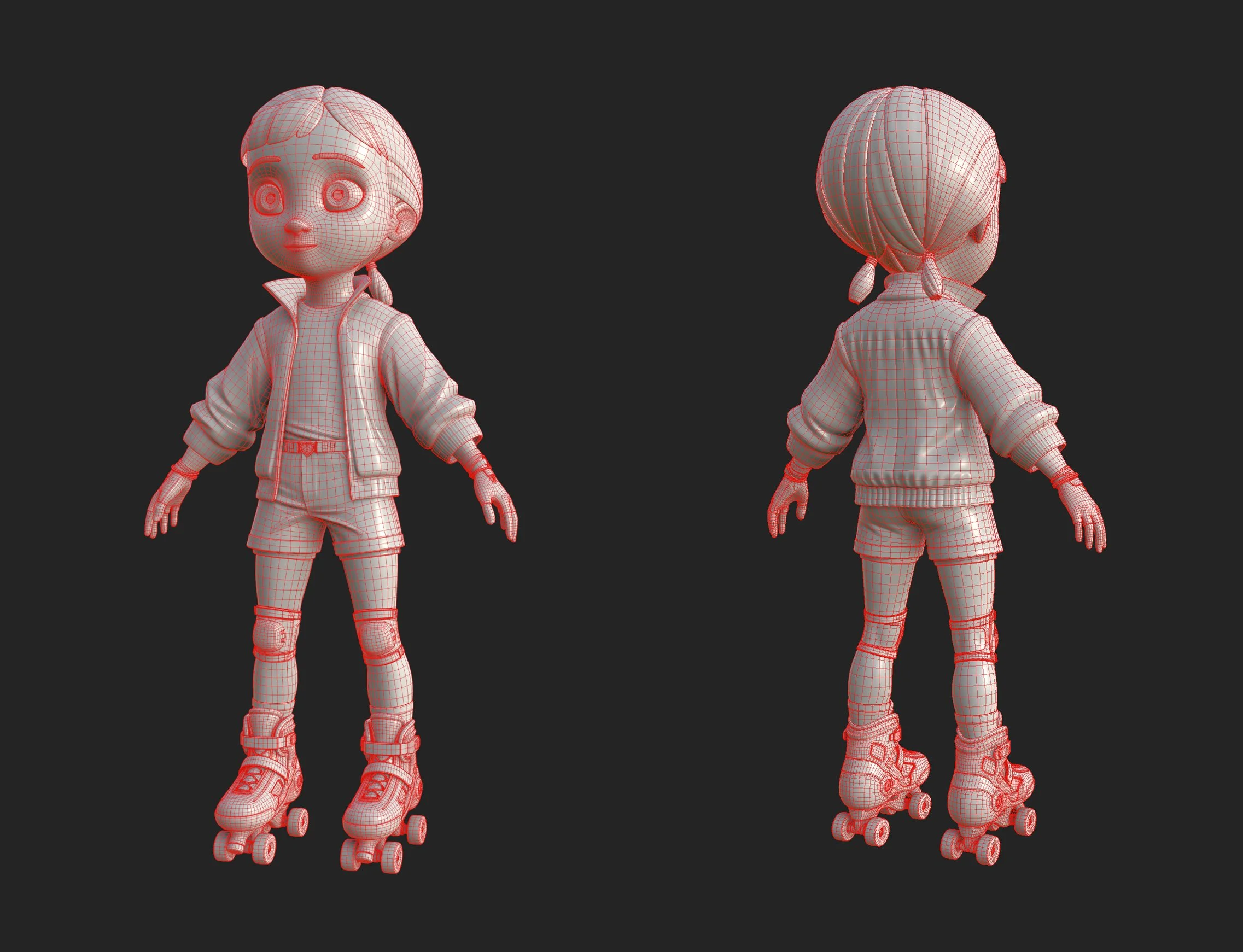 Anna character wireframe, front and back views