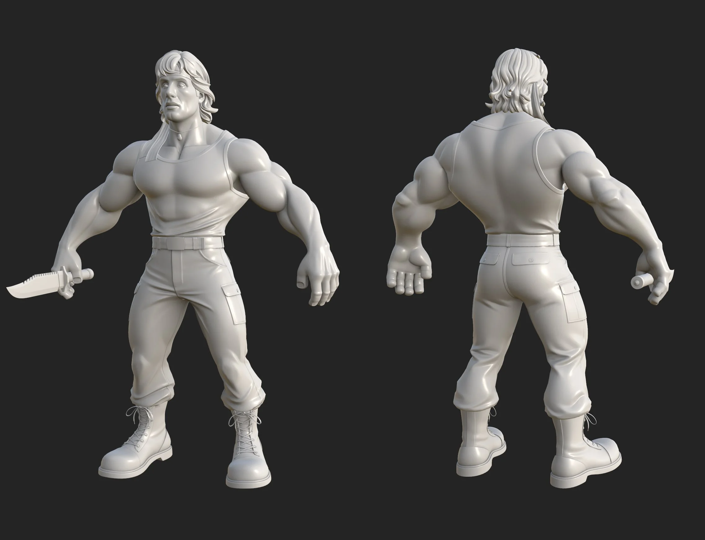 Rambo character clay render, front and back views