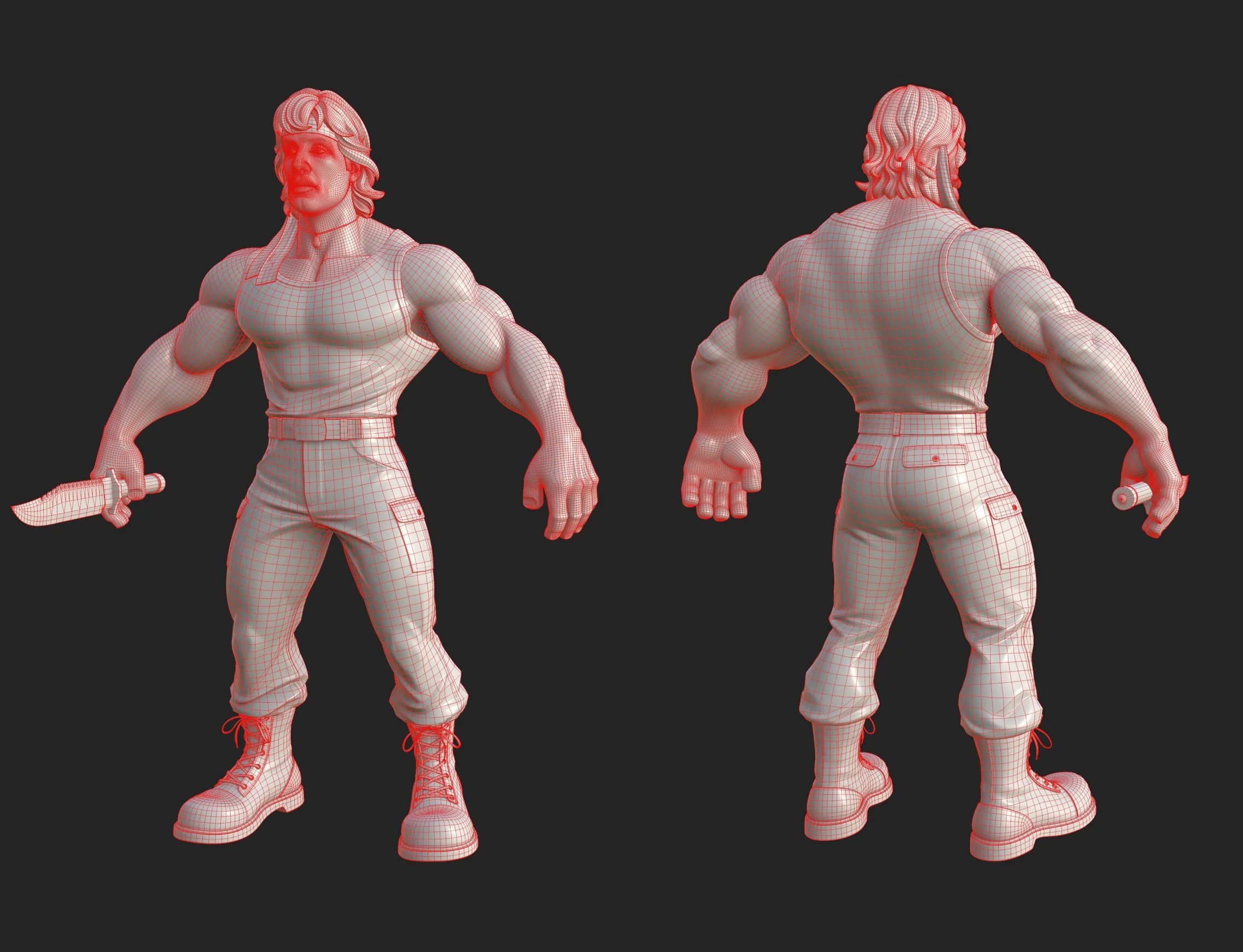 Rambo character wireframe, front and back views