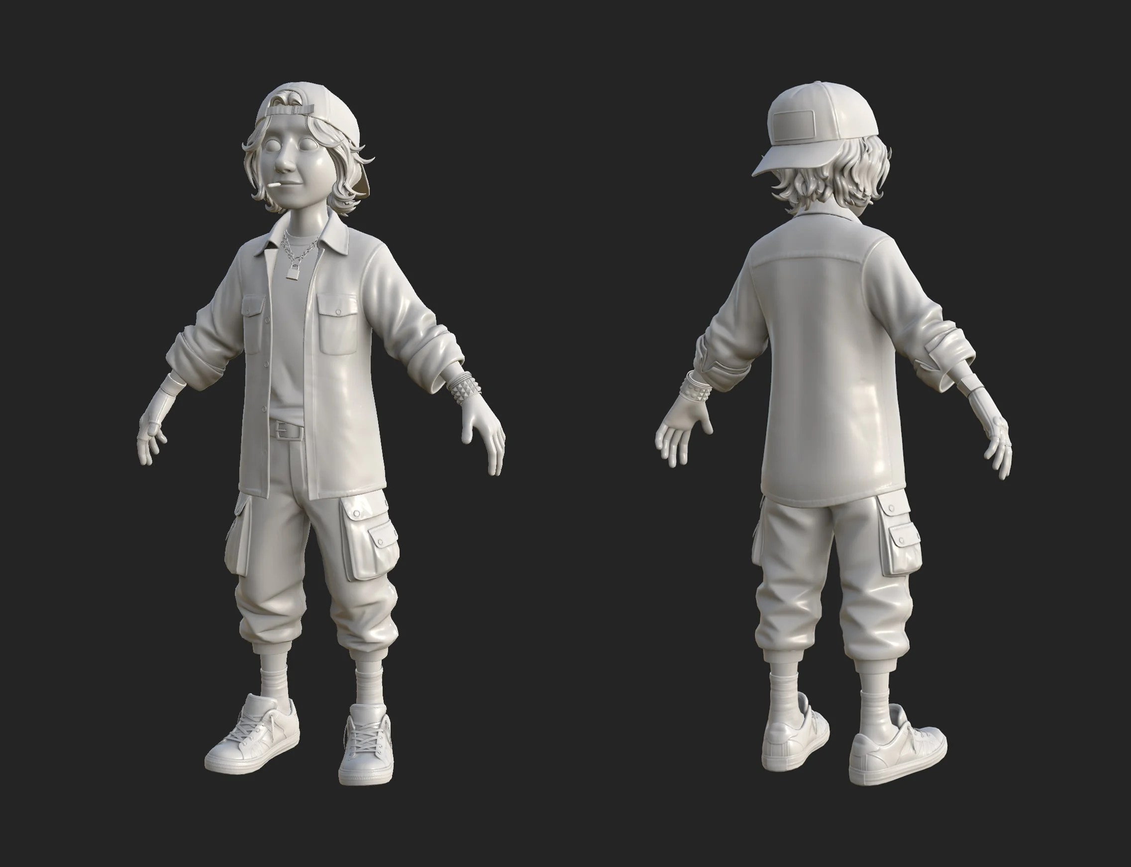 90s skater character clay render, front and back views