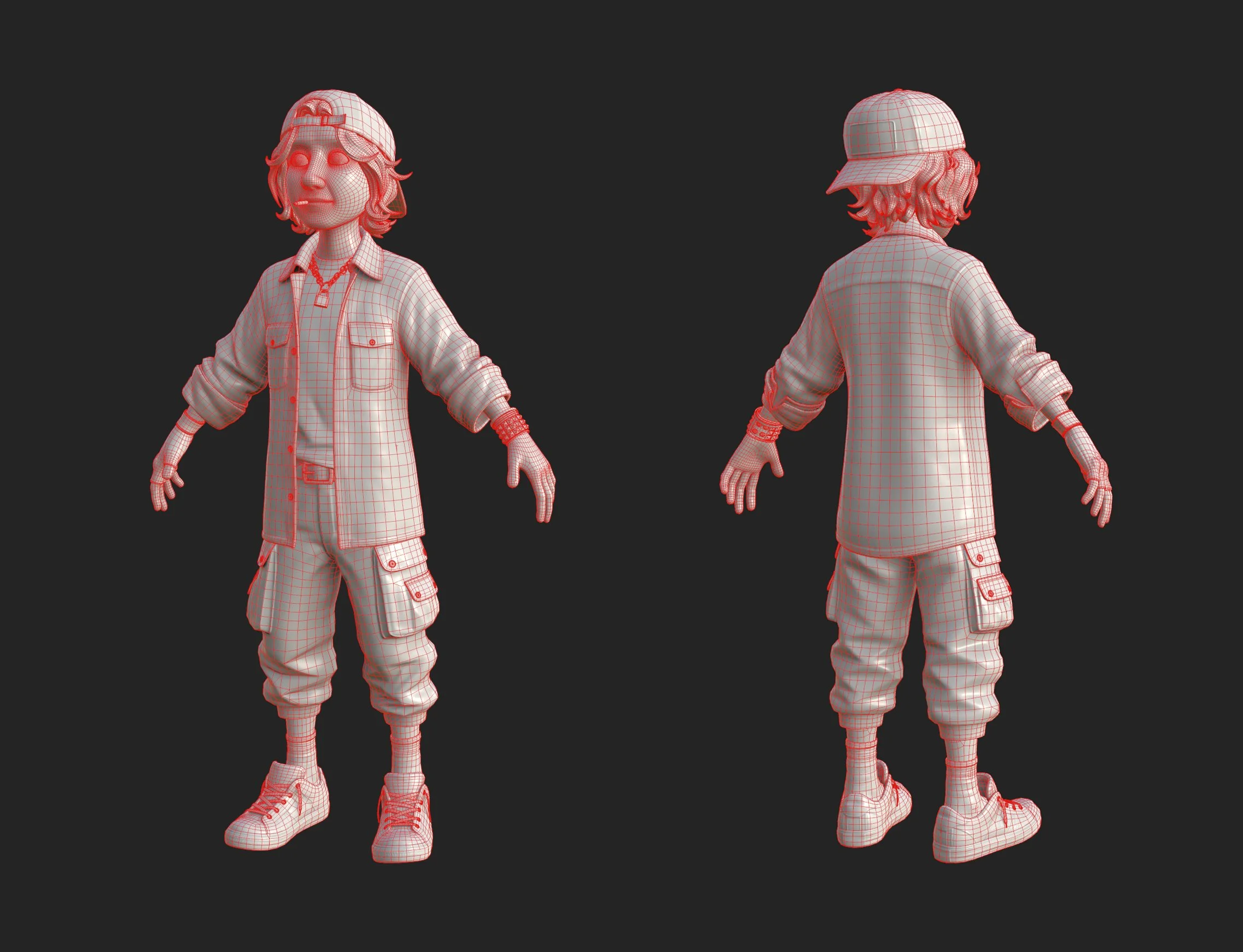 90s skater character wireframe, front and back views