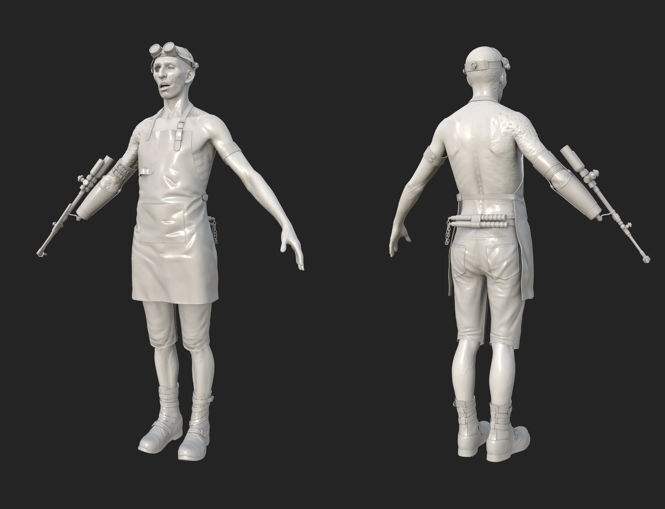 Zombie welder character clay render, front and back views