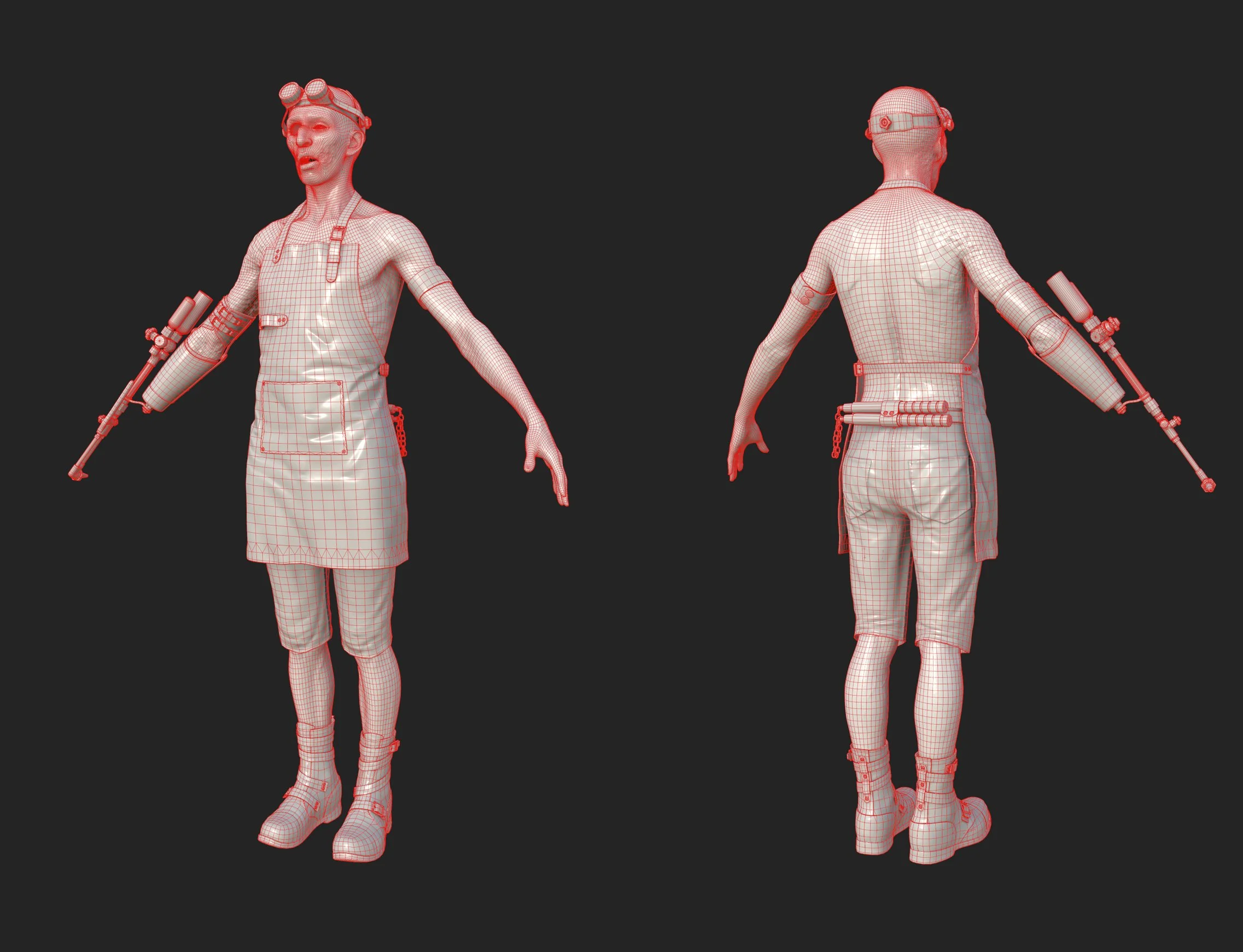 Zombie welder character wireframe, front and back views